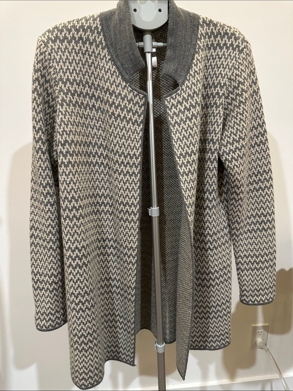 Open-Front Gray and Cream Knit Cardigan Sweater